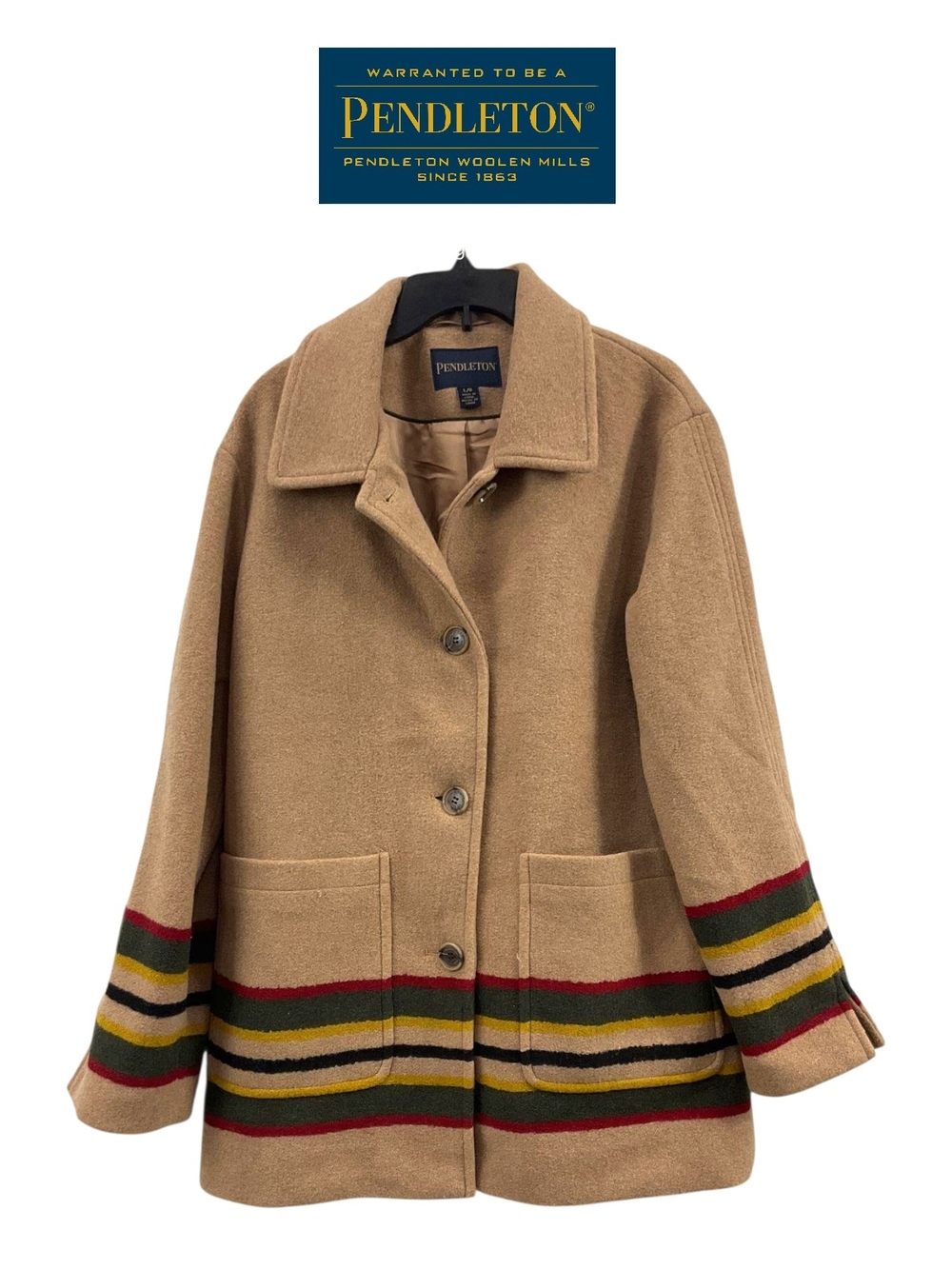 Pendleton Wool Topper Coat Camel Tan Striped Cuffs Hem Pockets Women Large NWOT